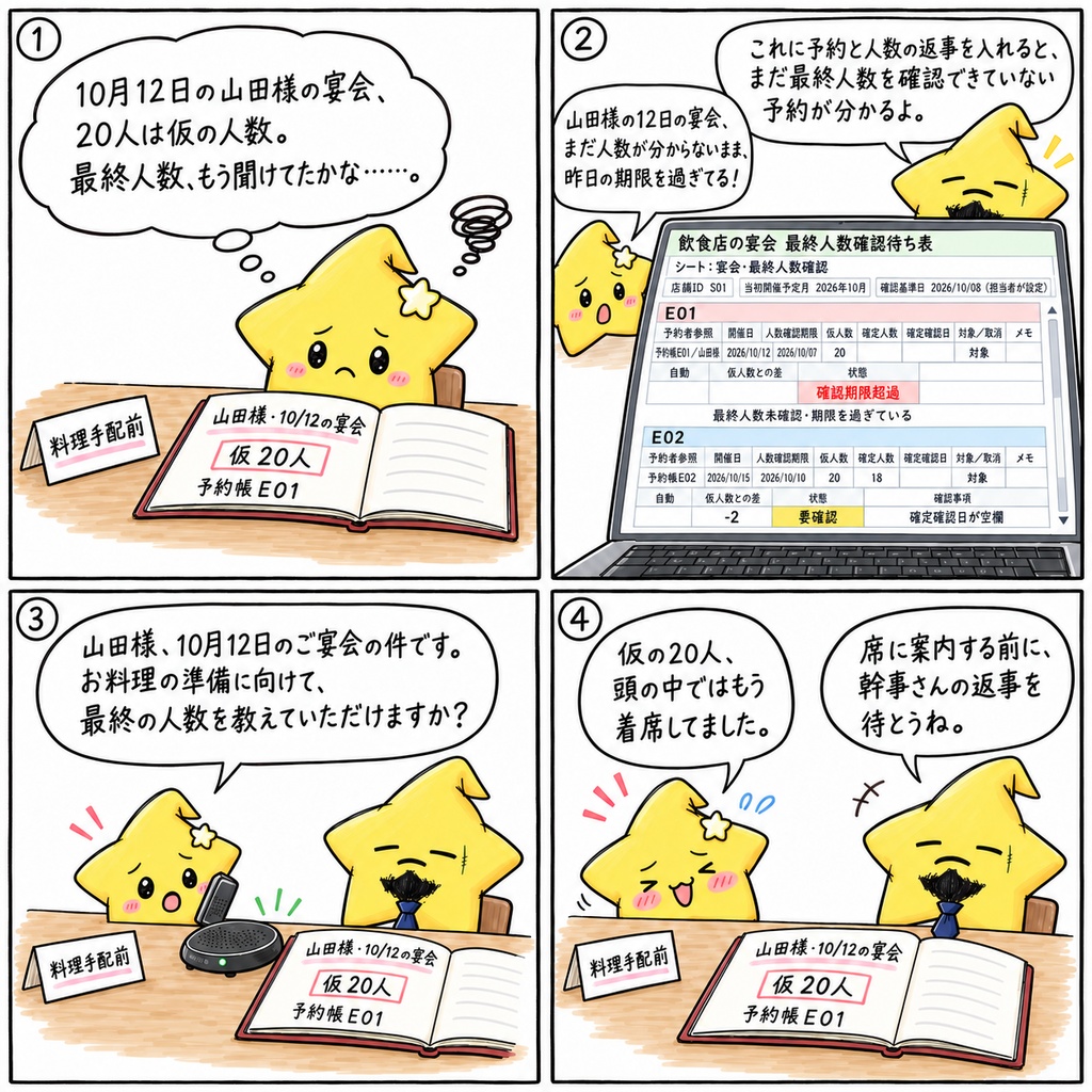 飲食店の宴会予約の最終人数確認|仮人数・確定人数・人数差・確認待ち・期限超過 Excel