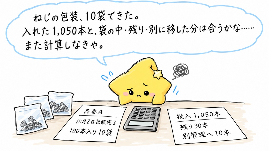 ねじ製造の包装ロット本数照合｜包装済・残りバラ・移管本数 Excel