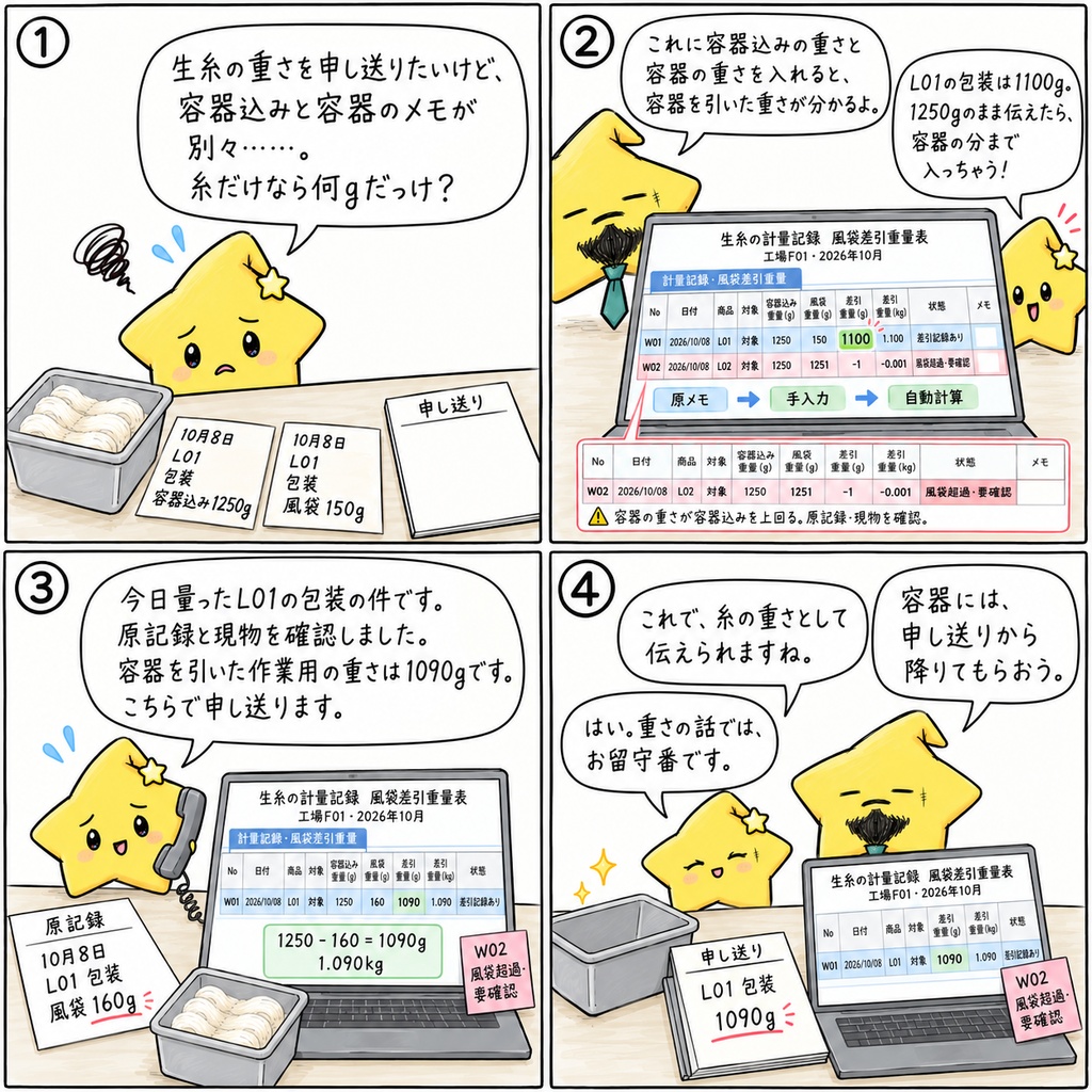 生糸の作業用計量記録|容器込み重量・風袋重量・差引重量(g・kg)・重量0・風袋超過の確認 Excel