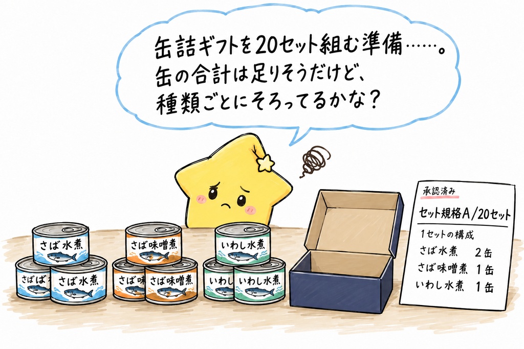水産缶詰のギフト組立前の不足確認｜商品別の必要缶数・確保総数・不足缶数 Excel