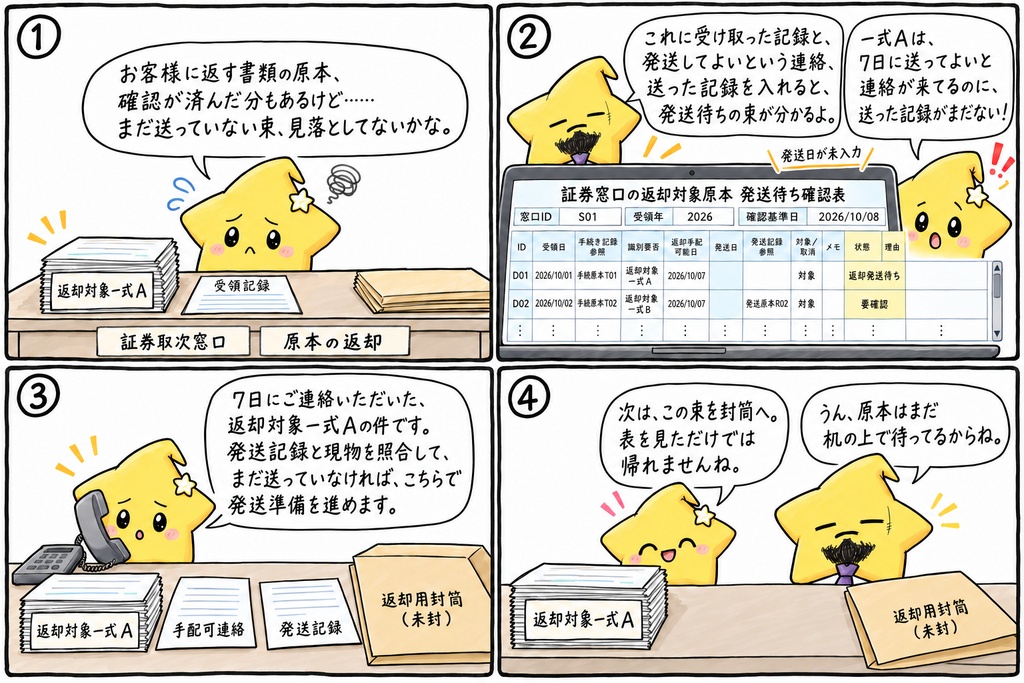 返却対象原本の発送待ち確認(証券窓口向け)|手配可能連絡待ち・返却発送待ち・要確認 Excel