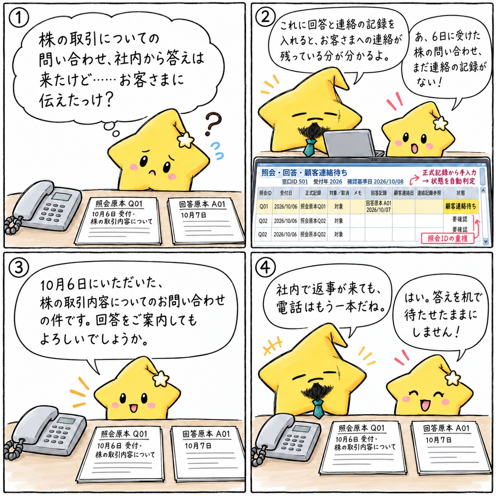 証券取引照会の対応状況管理|社内回答待ち・顧客連絡待ち・連絡記録あり Excel