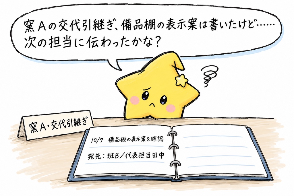 窯業設備の交代引継ぎ確認｜非緊急の事務・改善連絡の受領確認待ち・受領記録 Excel