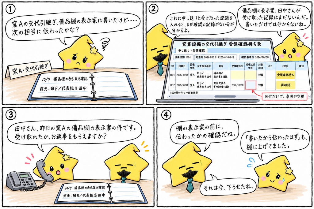 窯業設備の交代引継ぎ確認|非緊急の事務・改善連絡の受領確認待ち・受領記録 Excel
