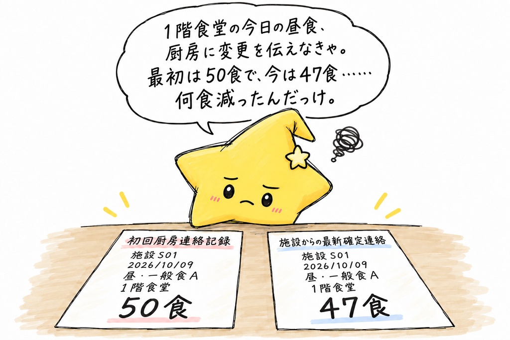 施設給食の食数変更確認｜提供先別の初回連絡食数・最新受付食数・初回連絡からの増減 Excel