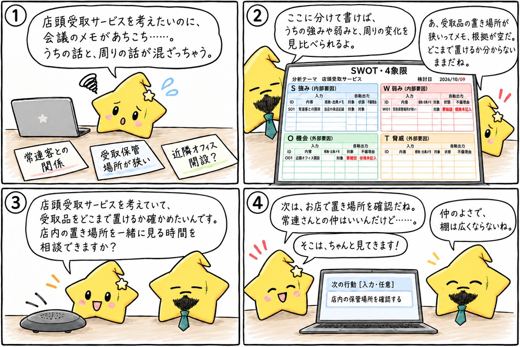 SWOT分析の4象限整理|強み・弱み・機会・脅威と根拠・出典メモ Excel