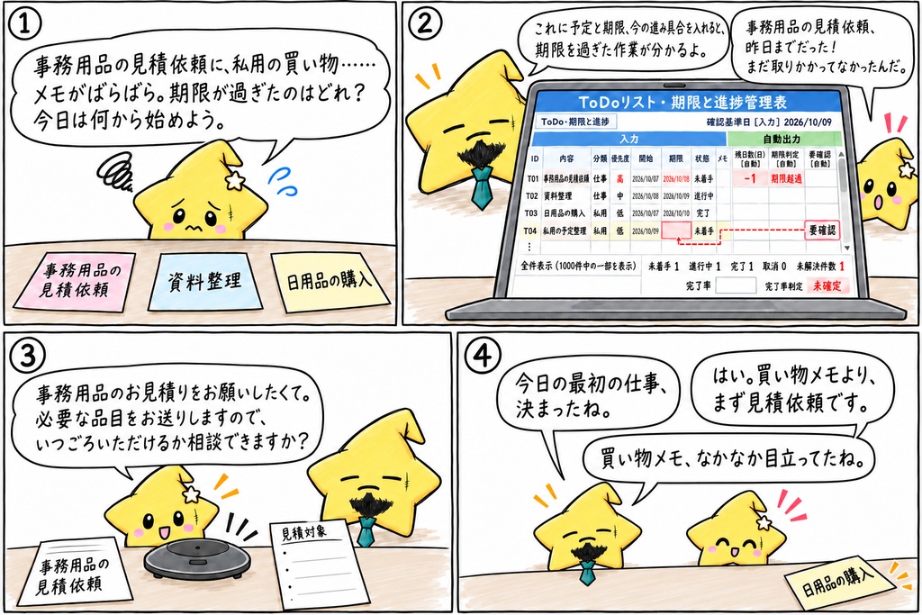 仕事と私用のToDo管理|タスクの期限・残日数・期限超過・完了率 Excel
