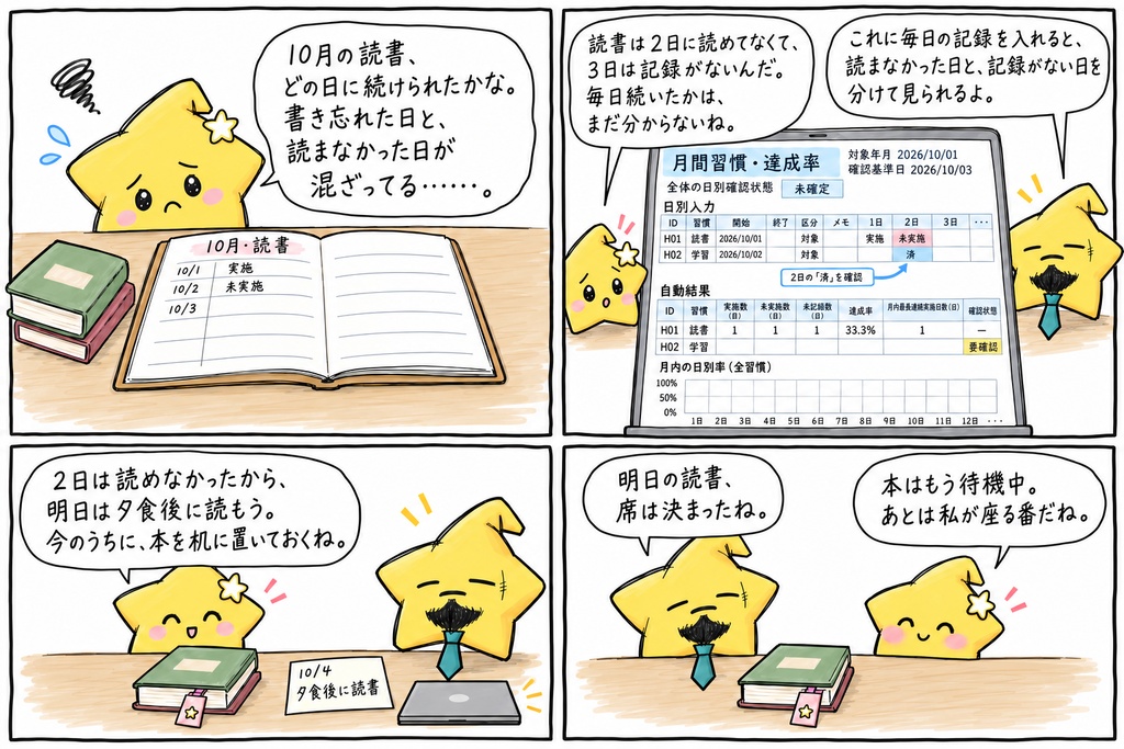 月間習慣トラッカー|習慣別達成率・月内最長連続実施日数・日別達成率グラフ Excel