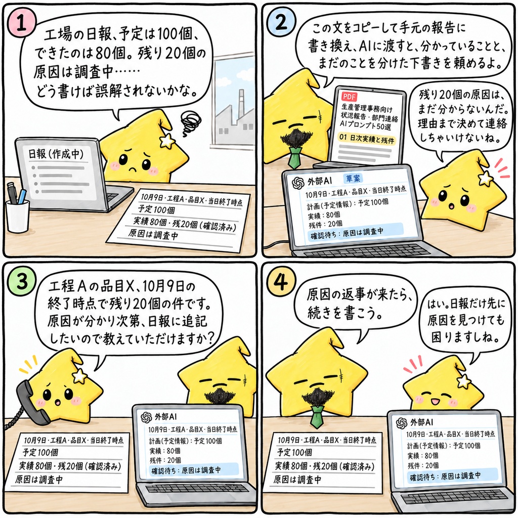 工場の状況報告・部門連絡|日報・進捗連絡・部材照会・引継ぎの草案 AIプロンプト50選 PDF