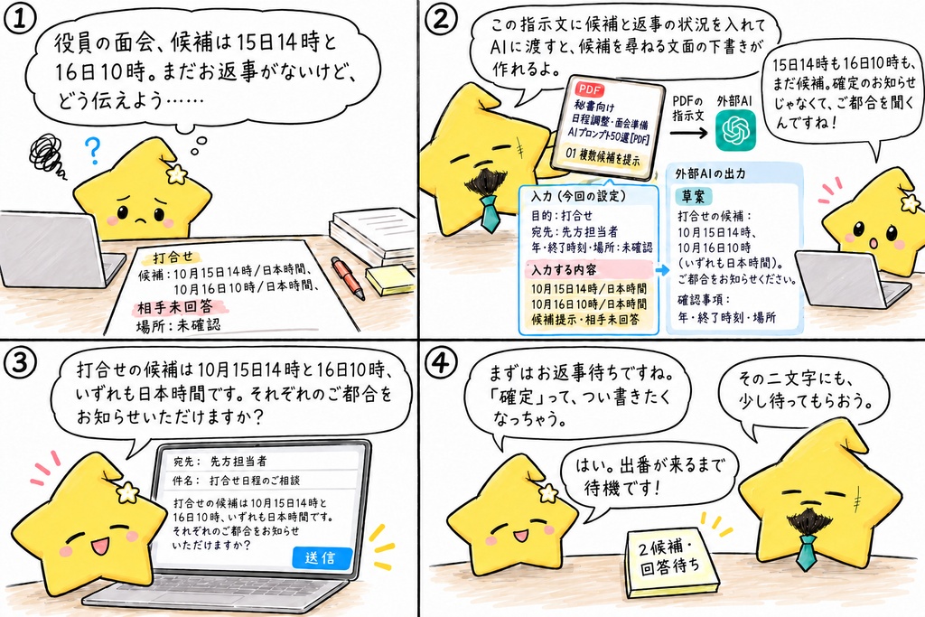 日程調整・面会準備AIプロンプト50選|秘書の候補提示・再調整・面会確認・訪問準備・変更連絡 PDF