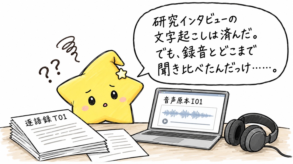 研究インタビュー逐語録の音声照合管理｜連続照合済み位置・残り秒数・照合状態 Excel