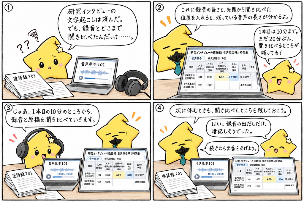 研究インタビュー逐語録の音声照合管理|連続照合済み位置・残り秒数・照合状態 Excel