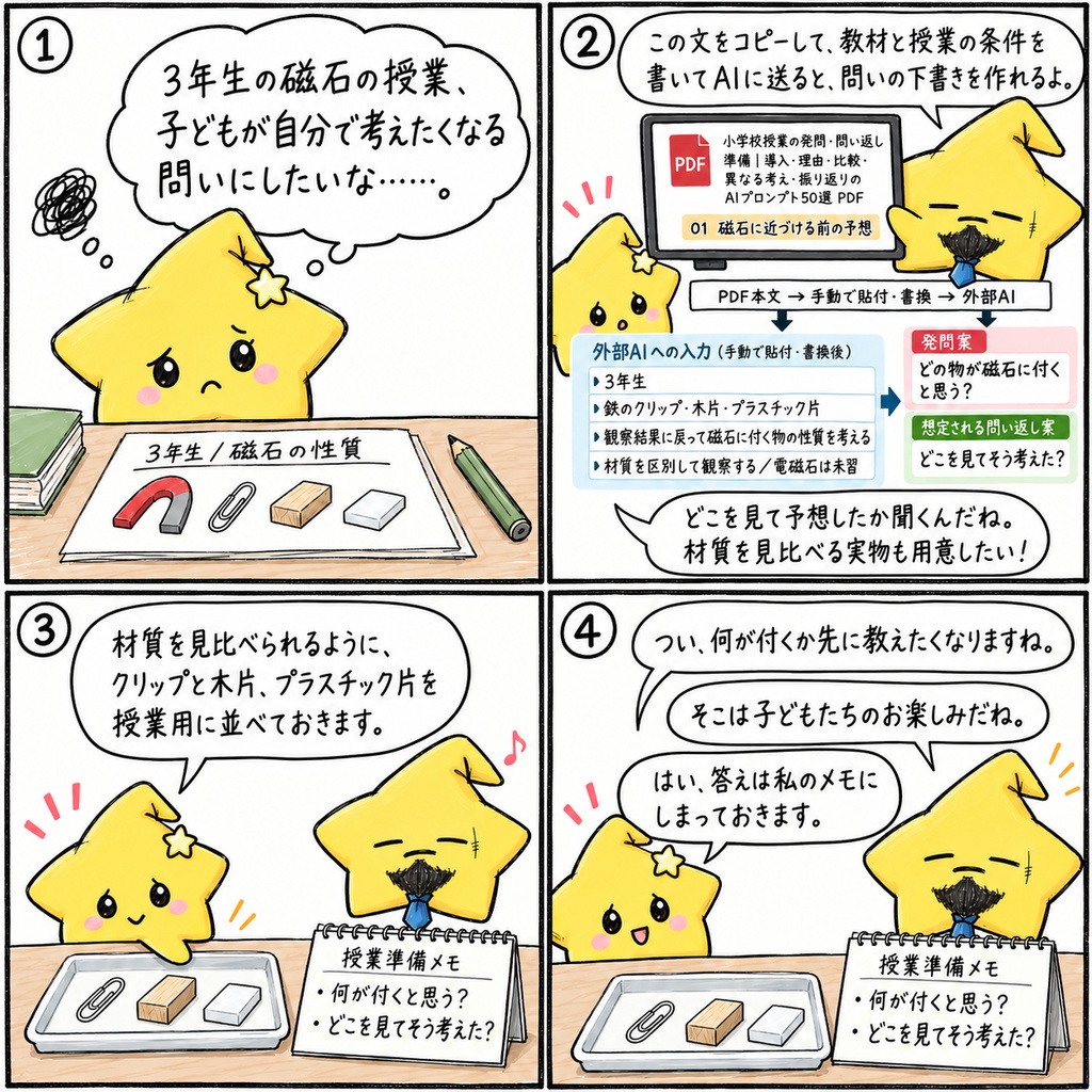 小学校授業の発問・問い返し準備|導入・理由・比較・異なる考え・振り返りのAIプロンプト50選 PDF