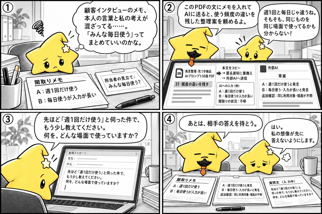 顧客インタビューの発言整理AIプロンプト50選|行動場面・課題候補・意見の違い・追加質問 PDF