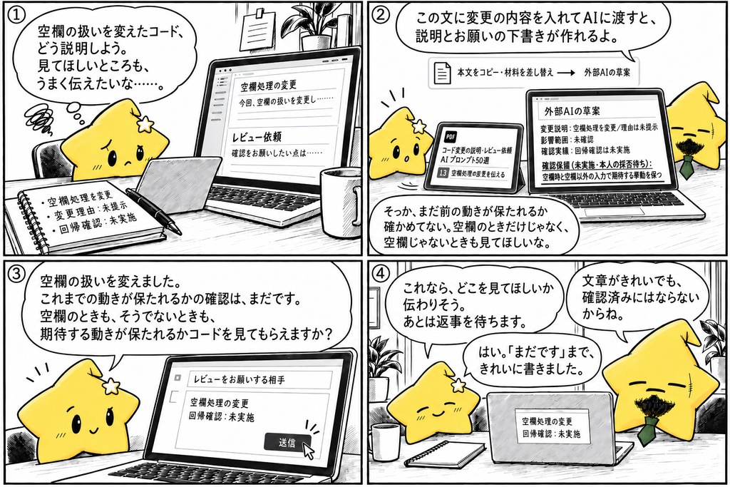 コード変更の説明・レビュー依頼|変更点・影響範囲・未確認事項のAIプロンプト50選 PDF