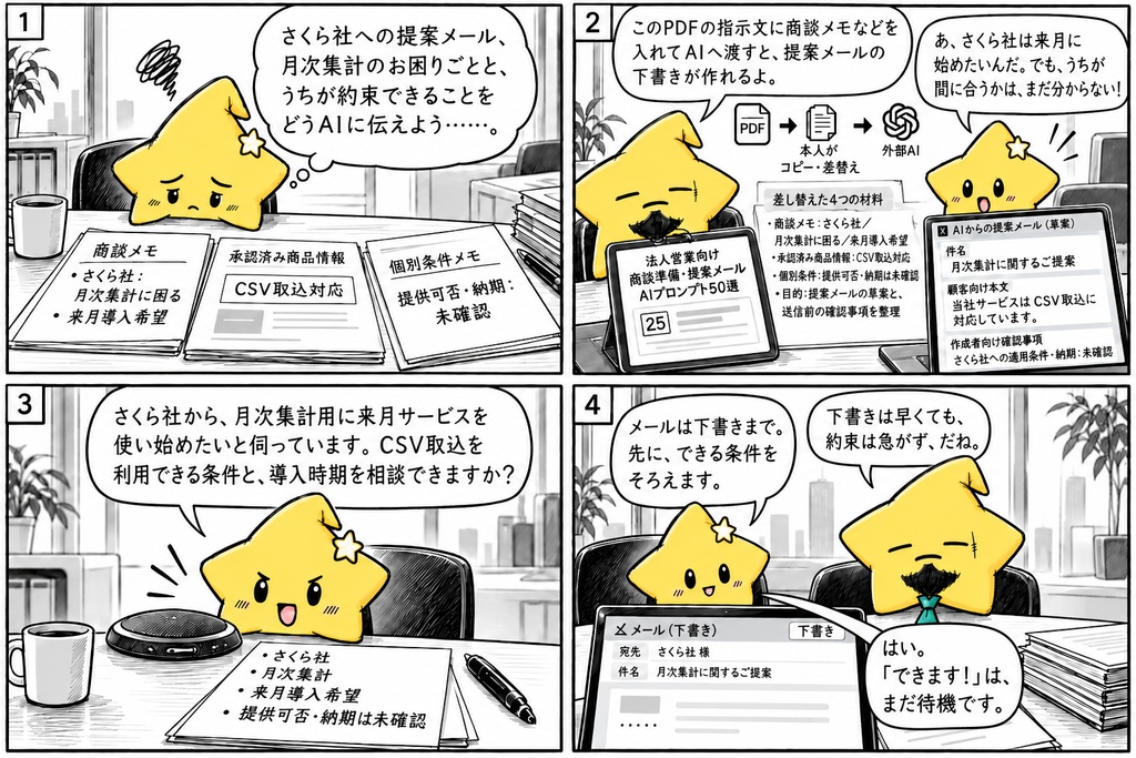 商談準備・提案メール作成(法人営業向け)|質問・ヒアリング整理・提案草案・フォロー連絡のAIプロンプト50選 PDF