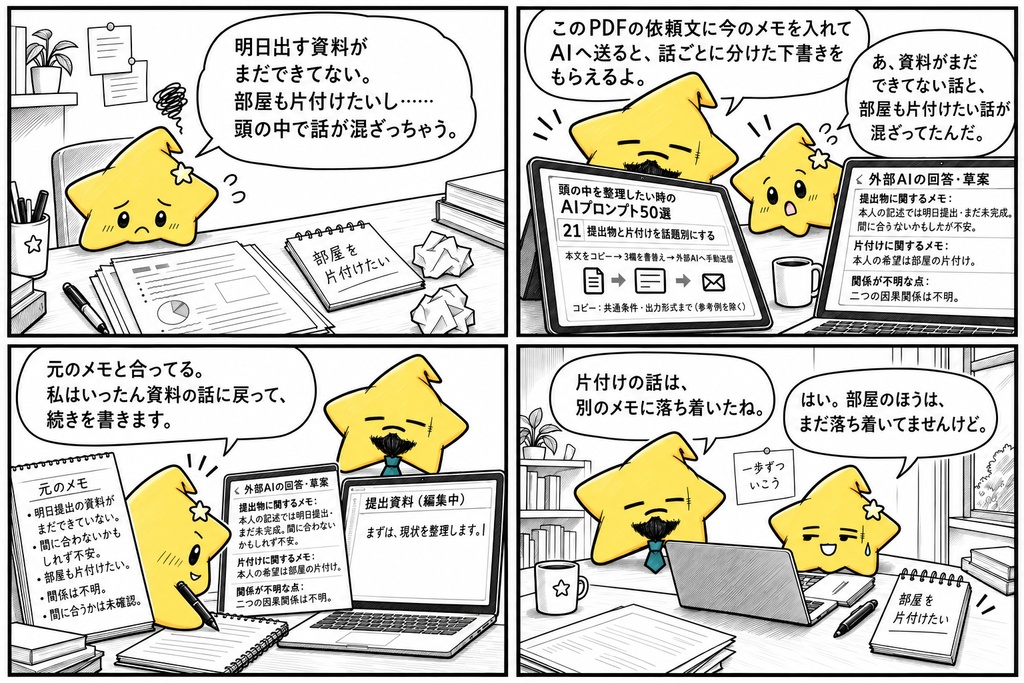 頭の中の整理用AIプロンプト50選|事実と推測の区別・話題の仕分け・未決事項の特定 PDF