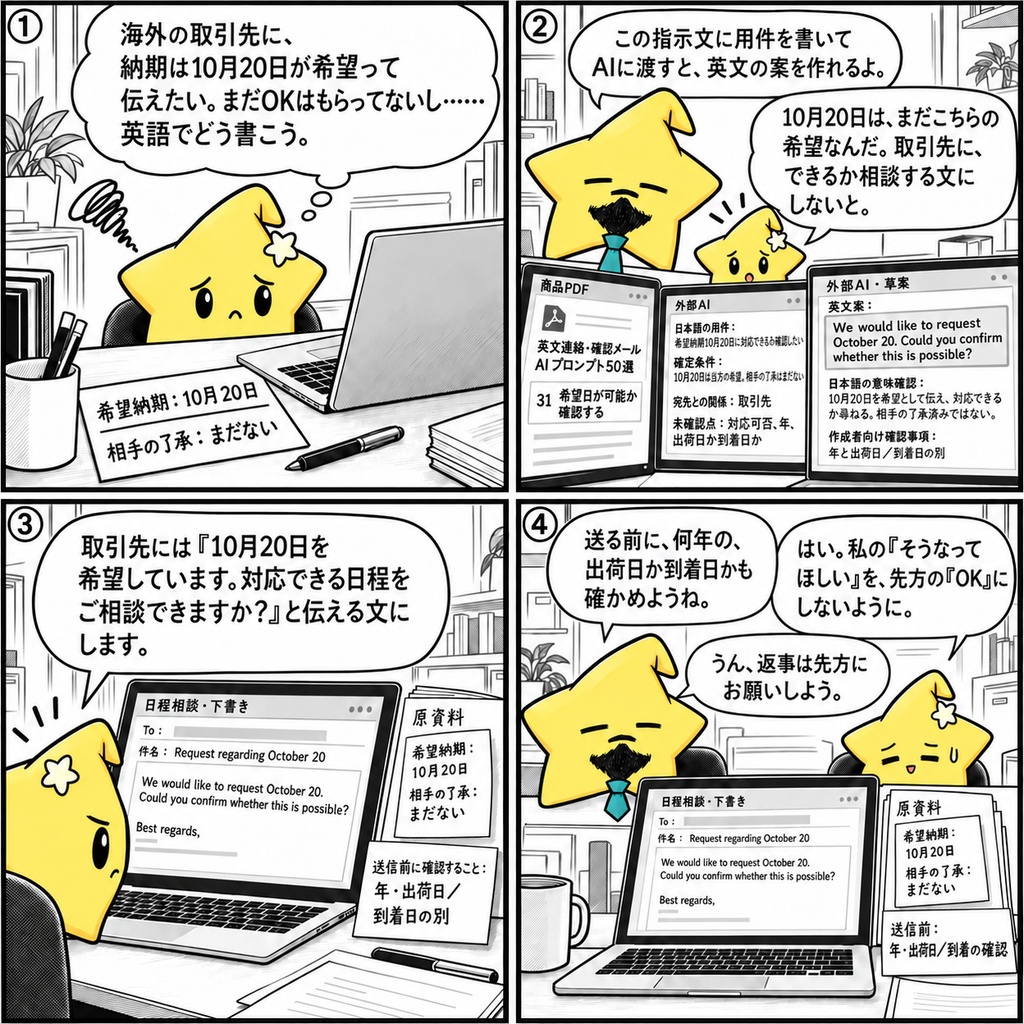 海外取引先への英文メール草案作成|問合せ・資料依頼・受領連絡・条件確認・訂正文のAIプロンプト50選 PDF