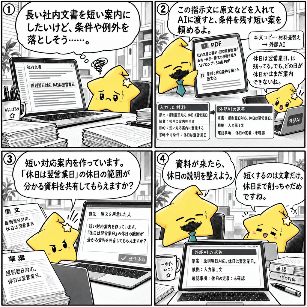 社内文書の要約・読む順番整理|条件・例外・原文の根拠を扱うAIプロンプト50選 PDF