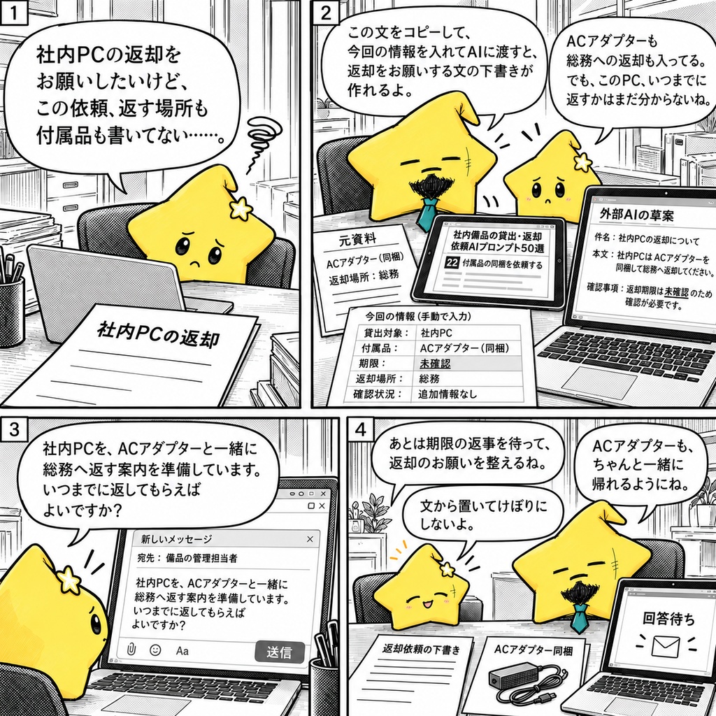 社内備品の貸出・返却連絡AIプロンプト50選|貸出条件・受取方法・返却案内・担当引継ぎ PDF