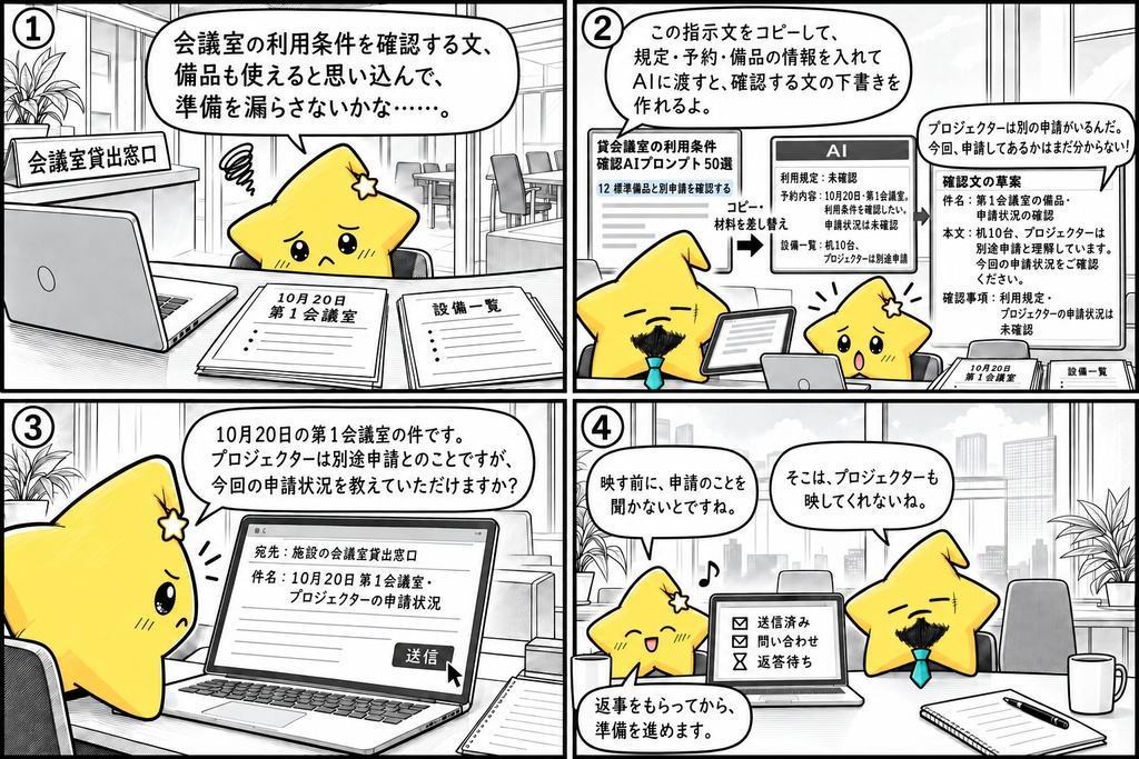 貸会議室の利用条件確認AIプロンプト50選|利用目的・備品・設営条件・原状回復・忘れ物照会 PDF