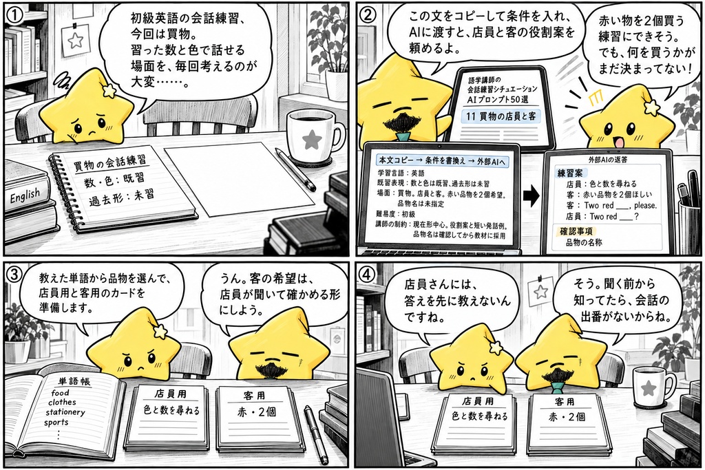 語学講師の会話練習準備用AIプロンプト50選|場面設定・役割カード・発話例・条件変更・振返り質問 PDF