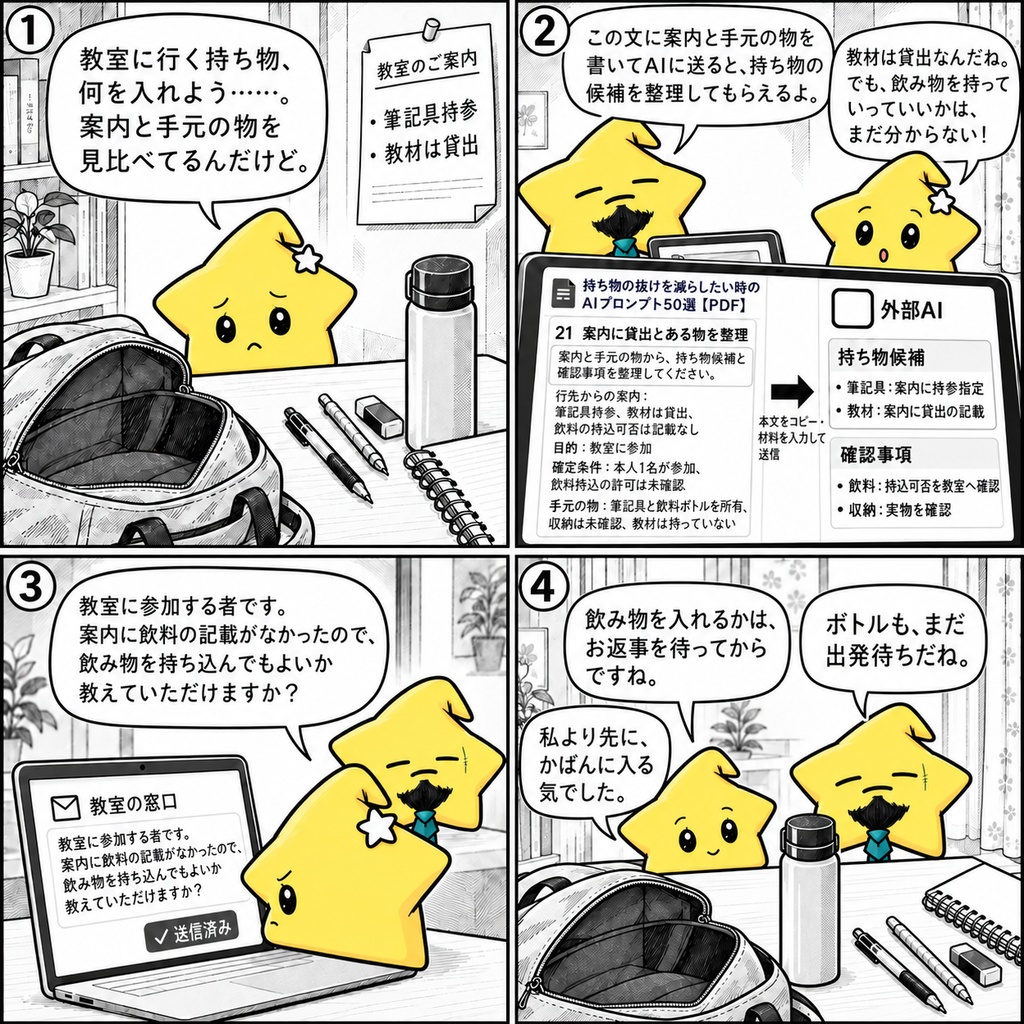 外出前の持ち物整理|必須品・借りられる物・重複・出発前確認のAIプロンプト50選 PDF