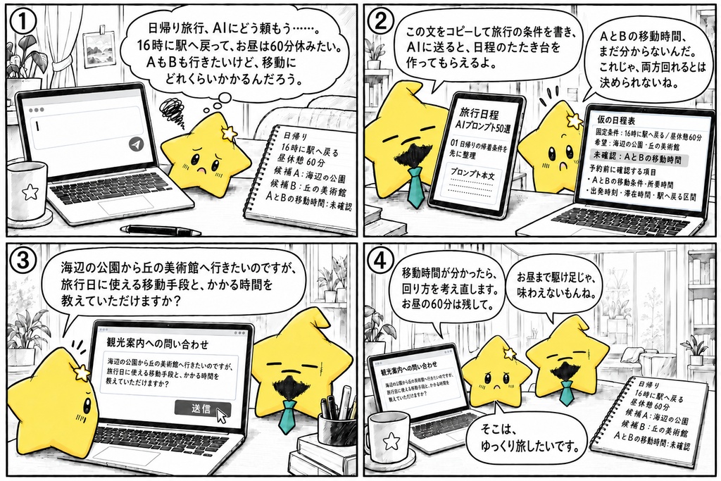 旅行日程の草案作成用AIプロンプト50選|条件整理・1日の配分・移動の余裕・休憩・雨天代案 PDF