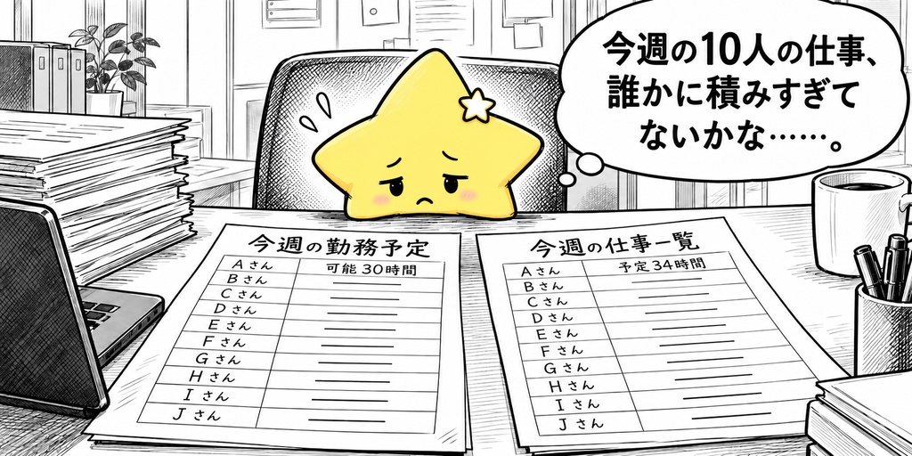 週の仕事量確認｜担当者別の超過時間 Excel