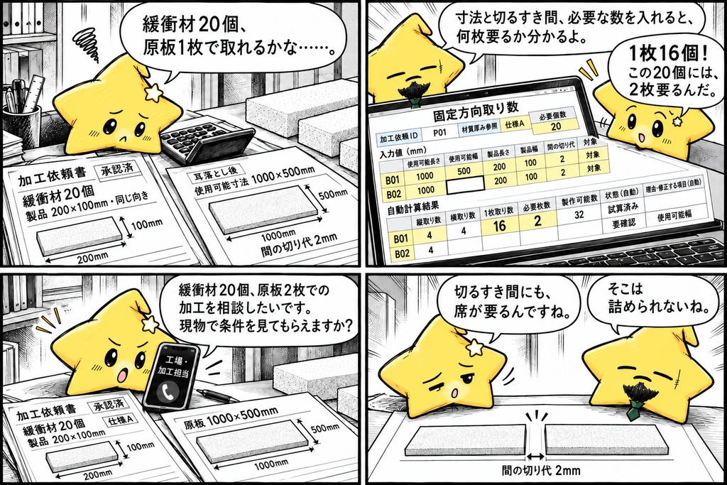 軟質発泡材の矩形カット|固定方向の取り数 Excel