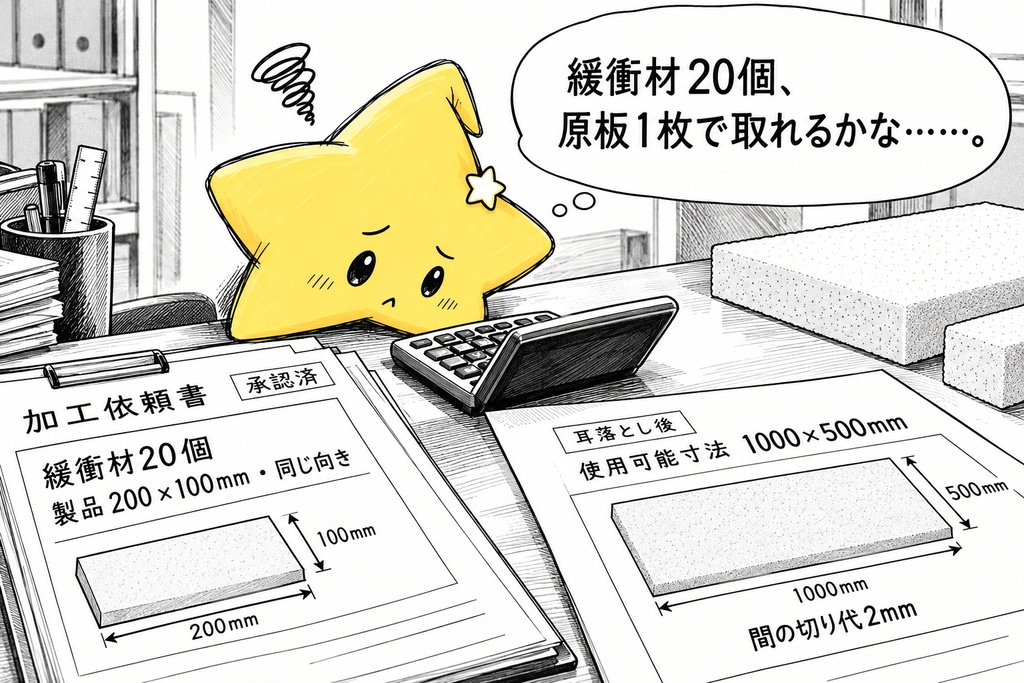 軟質発泡材の矩形カット｜固定方向の取り数 Excel