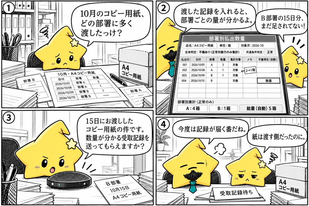 消耗品の払出集計|部署別数量 Excel