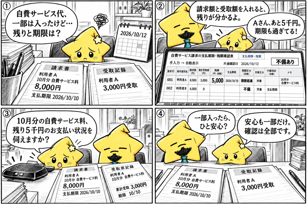 自費サービス請求確認|支払期限・残額 Excel
