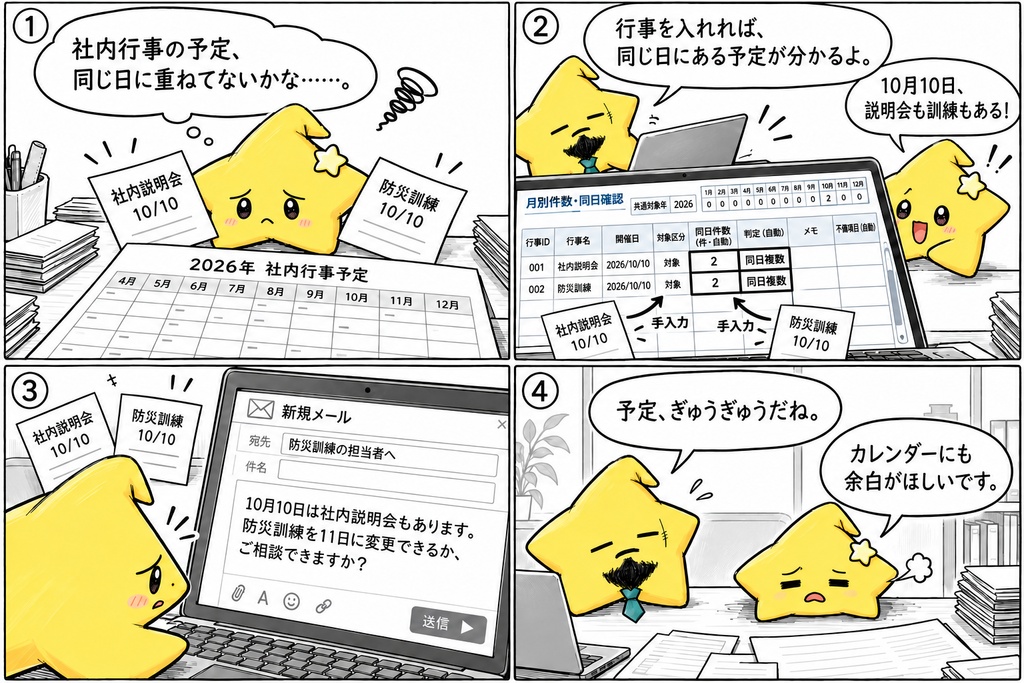 社内行事の予定確認|月別件数・同日件数 Excel