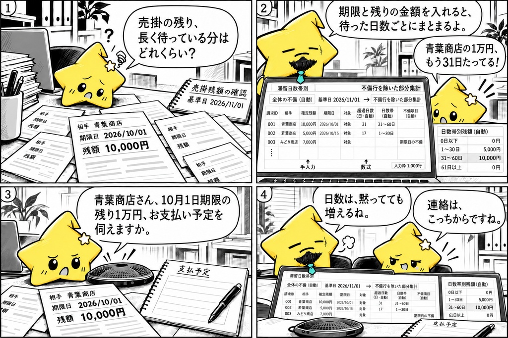 売掛滞留の確認|日数帯別残額 Excel