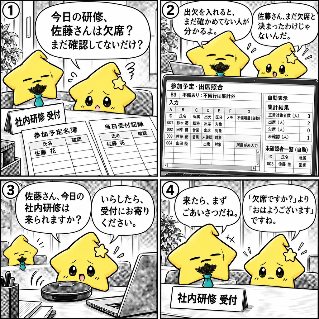 社内研修の出欠確認|出席・欠席・未確認 Excel