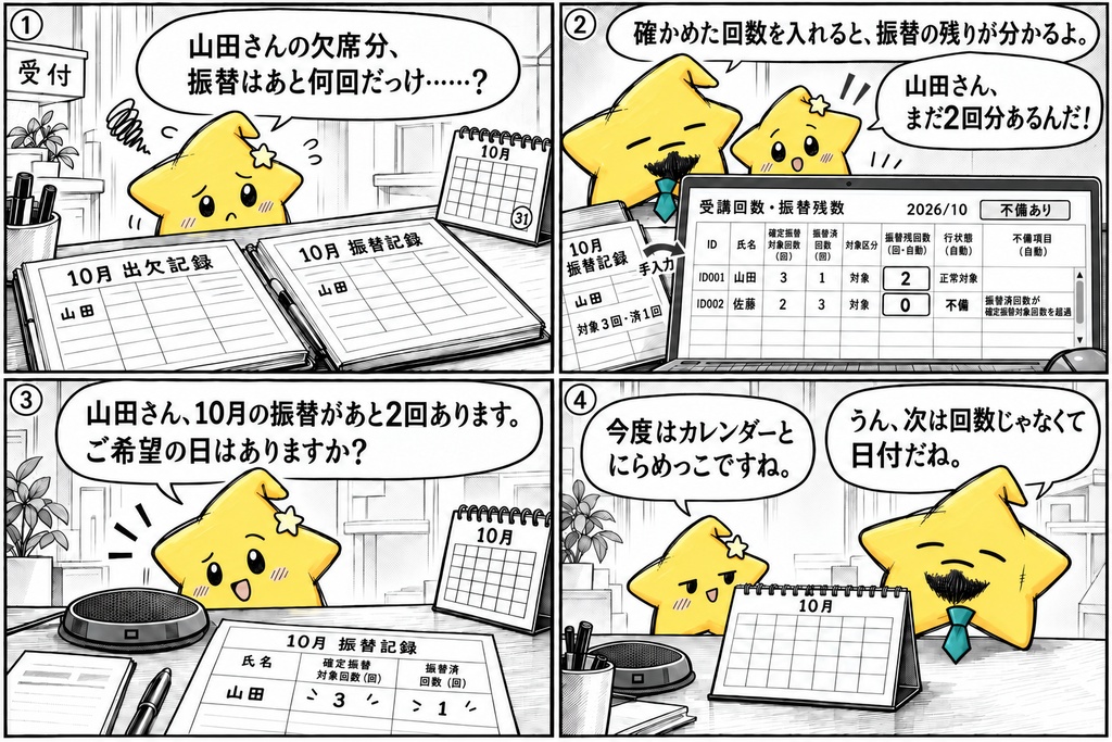 教室の振替確認|対象・済・残回数 Excel
