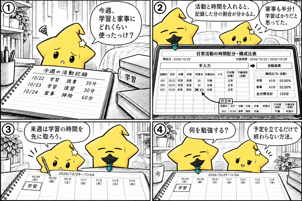 活動時間の集計|分数・構成比 Excel