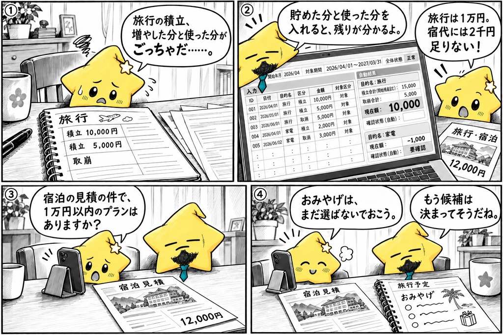 目的別積立管理|入出金・現在額 Excel
