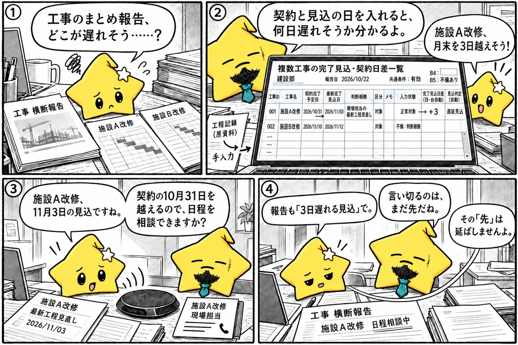複数工事の完了見込|契約予定日との差 Excel