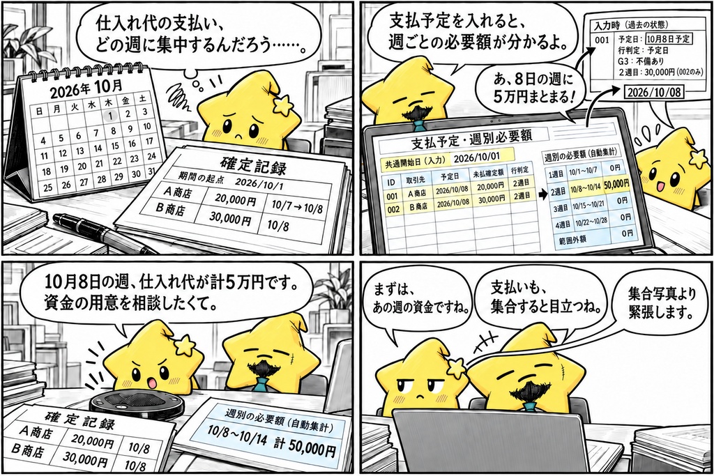 支払予定の週別確認|必要額・範囲外額 Excel