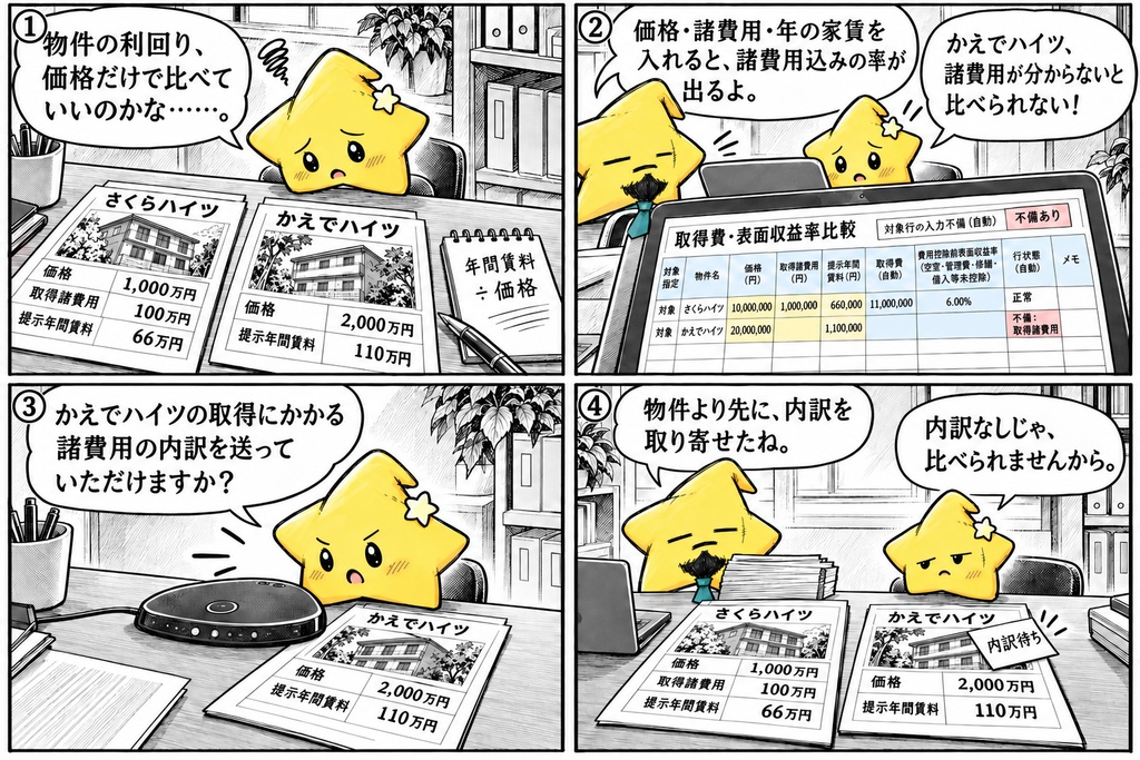 物件比較|取得費・費用控除前表面収益率 Excel