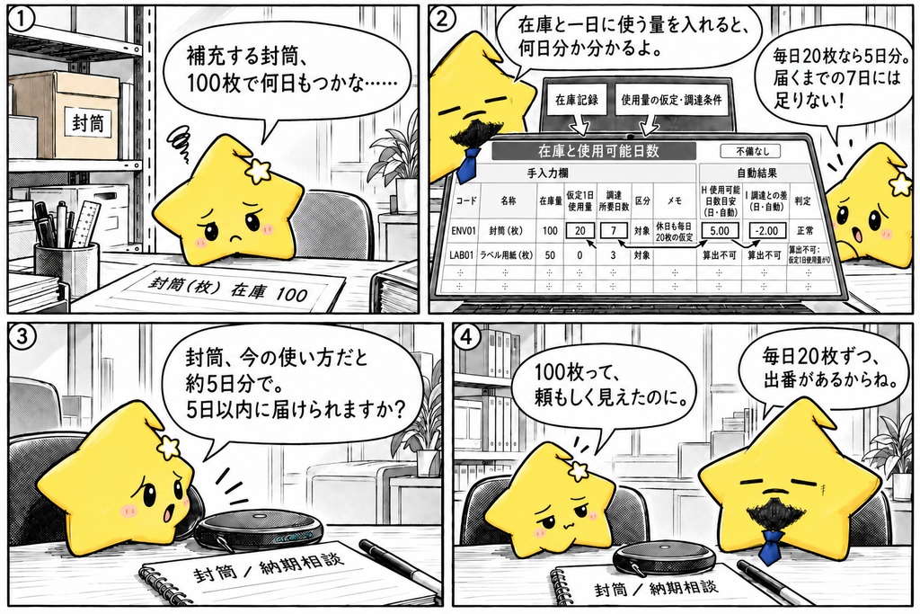 在庫日数の目安確認|調達日数との差 Excel