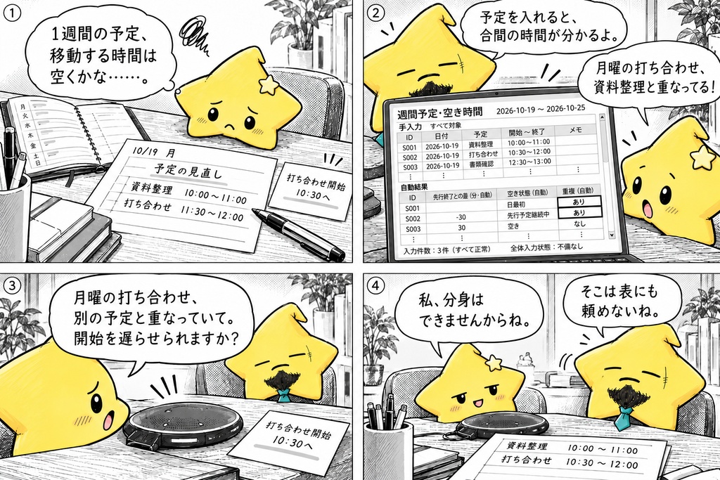 週間予定の確認|空き・重複 Excel