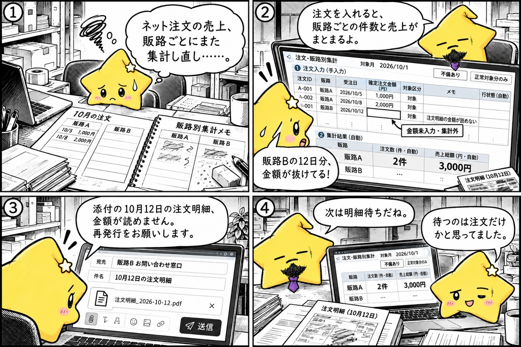 ネット注文集計|販路別件数・売上 Excel