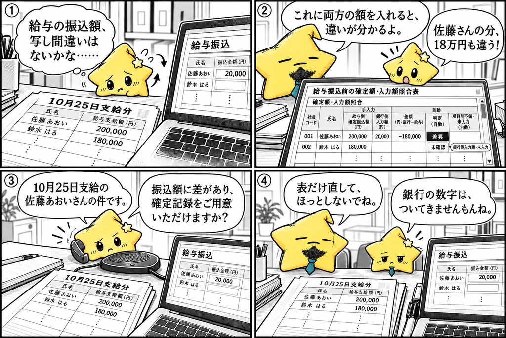 給与振込前の照合|確定額・銀行入力額 Excel