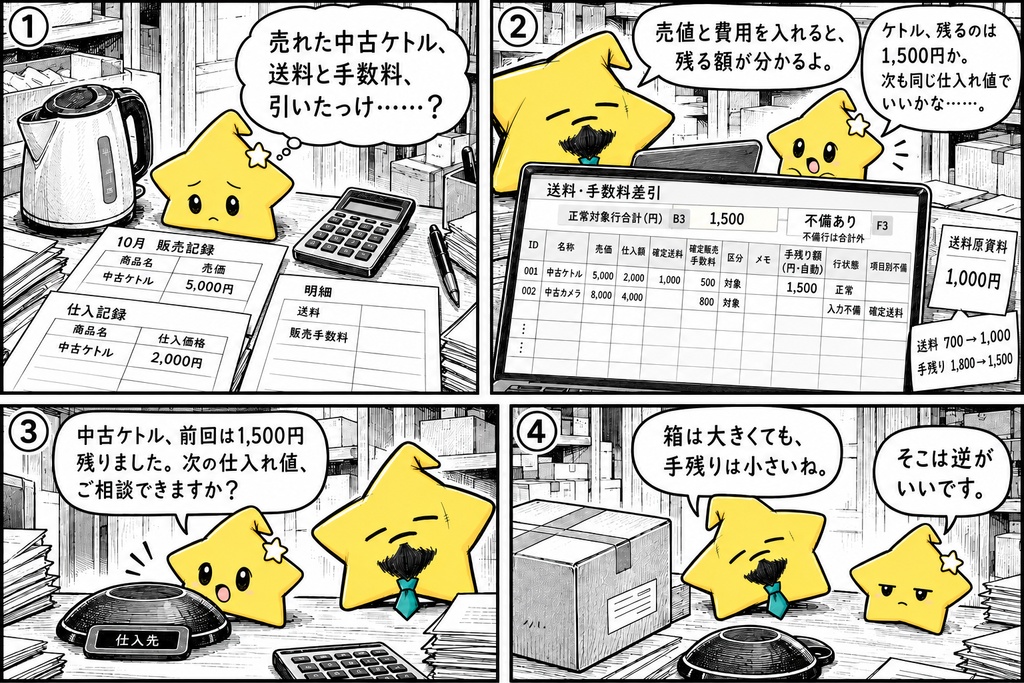 中古品販売の手残り確認|送料・手数料 Excel