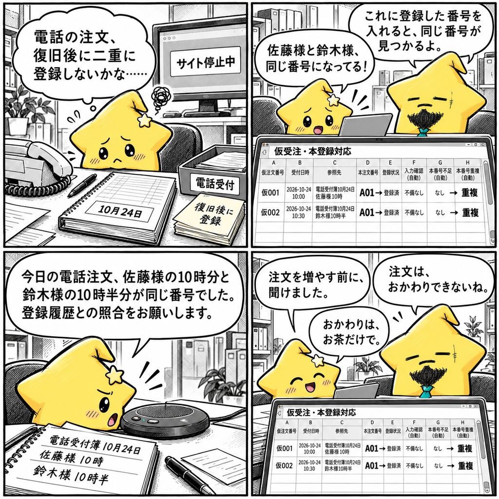 仮受注と本登録の照合|注文番号 Excel
