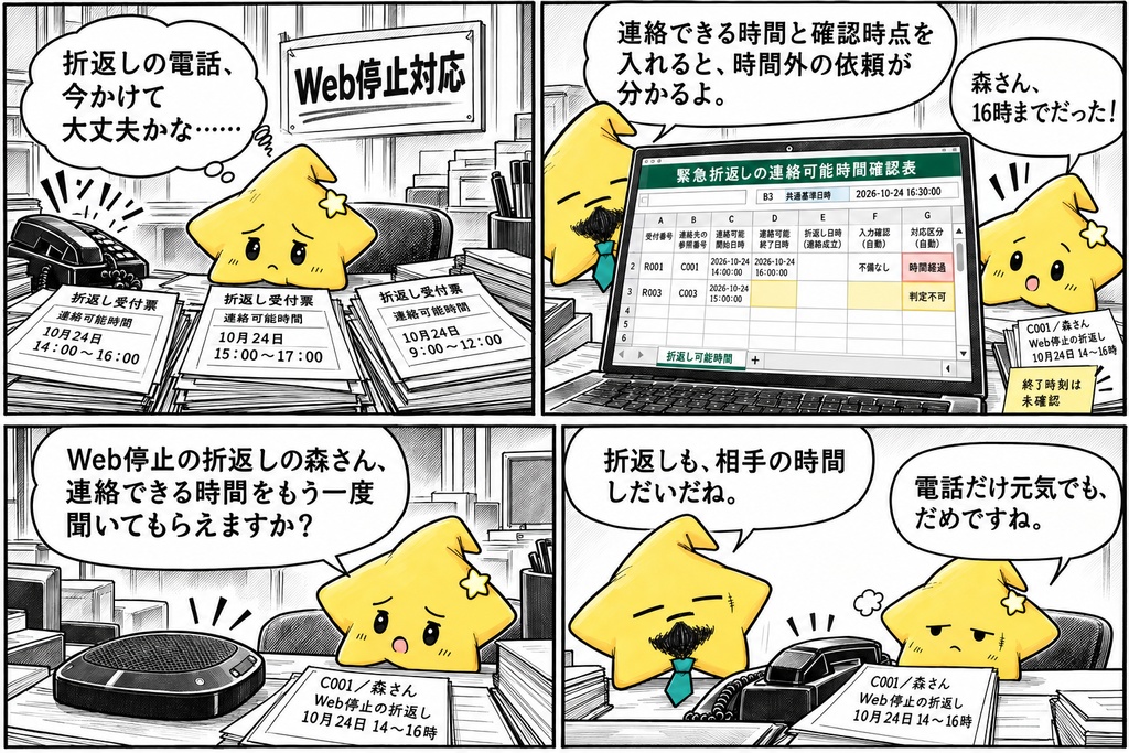 電話折返し確認|連絡可能時間 Excel