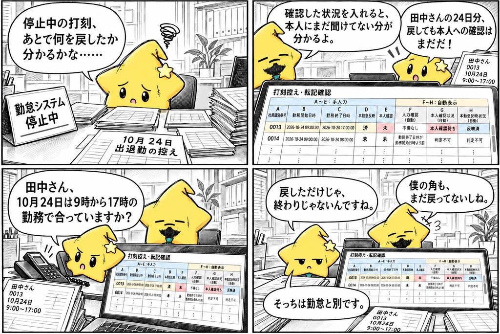 勤怠停止時の打刻控え|本人確認・反映待ち Excel